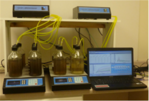 Sets of 8 laboratory flasks filled with dark liquid. Flasks are grouped into two sets sitting on scales. Each has a yellow tube leading from the black cap. A laptop sits next to the scales.
