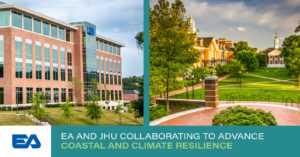 EA Hunt Valley Headquarters and Johns Hopkins University Homewood Campus with associated logos and text highlighting the new collaboration to advance coastal and climate resilience.