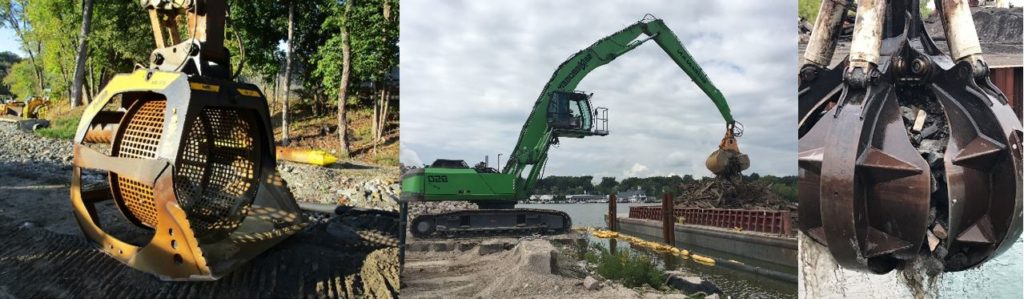 Three photos displaying different dredging equipment including a rotating screen for cobble materials courtesy of Sevenson); debris scow mechanical offloading operation courtesy of JF Brennan; and a grapple for debris removal operation.