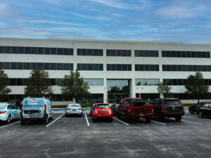 Exterior view of four-story office building that houses EA's Newark team.