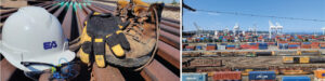 Photo of EA Hard hat and safety gear next to photo of a rail yard with port cranes and cargo containers in the background.