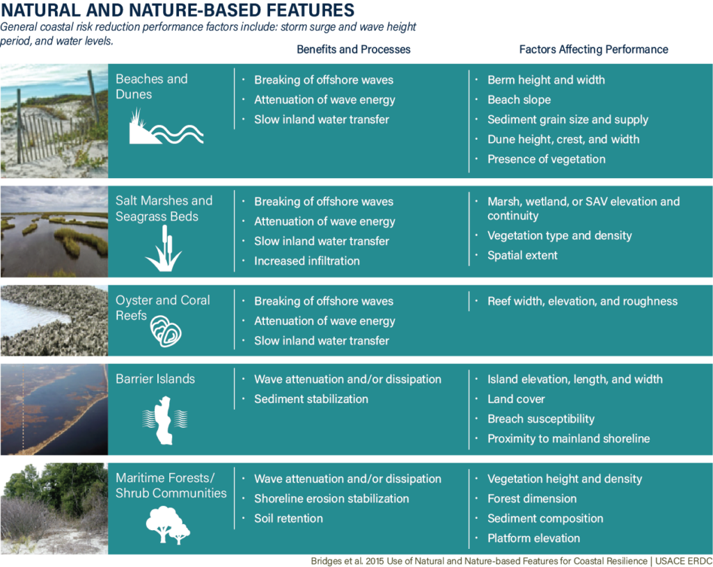 Table Developed by the U.S. Army Corps of Engineers Engineering Research and Development Center Describing the Benefits, Processes, and Factors Affecting Performance when Using Natural and Nature-Based Features as Nature-Based Solutions