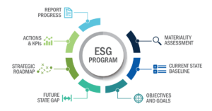 Circularl infographic describing the phases of a comprehensive ESG Program, including materiality assessment, state baseline, objectives and goals, future state gap, strategic roadmap, actions and KPIs, and progress reporting