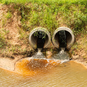 Photograph of two stormwater management outlets with water flowing to a natural channel
