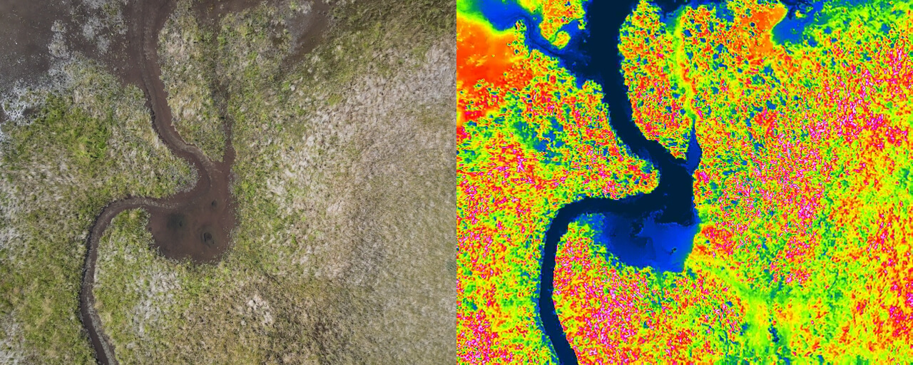 Side to Side aerial standard and thermal images indicating groundwater seeps