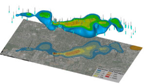 3D tetrachloroethane (PCE) groundwater plume from three distinct source areas