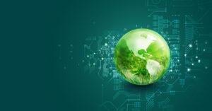 Green Earth surrounded by technology symbolism