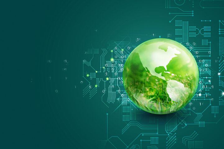 Green Earth surrounded by technology symbolism