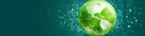 Green Earth surrounded by technology symbolism