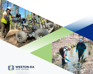 EA-Weston Joint Venture Logo with Photo of Scientists Using Equipment to Collect Data in the Field