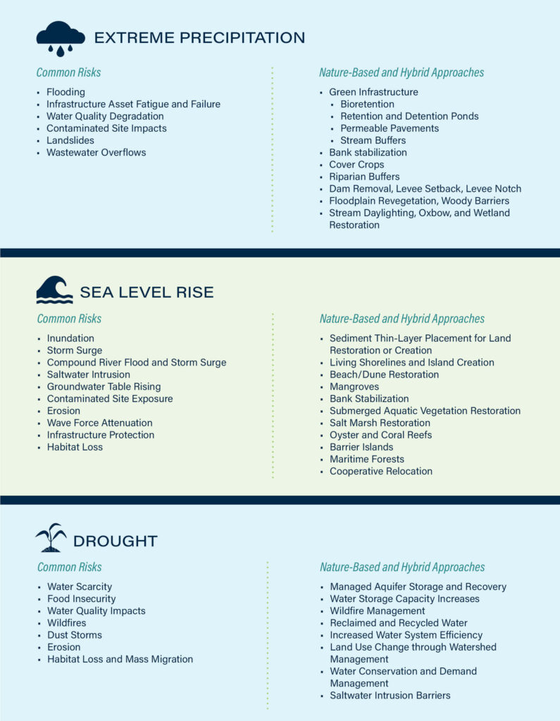 Infographic describes common climate change risk and strategies related to extreme precipitation, sea level rise, and drought.