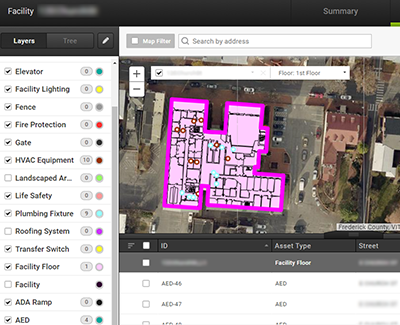 Screen Capture of Frederick County Facilities from the Cartegraph Enterprise Asset Management platform.