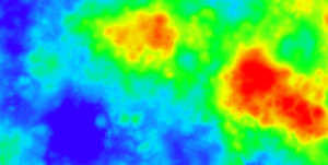 Thermal image with areas of heat indicated in bright red and cooler areas in dark blue