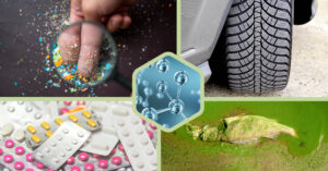 Composition of five photographs showing microplastics on a human finger, a vehicle tire tread, a grouping of pills, a dead fish covered in algae, and molecules.