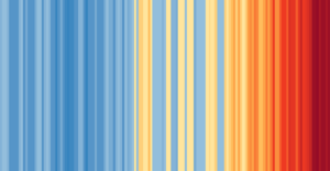 Pattern illustration of warming stripes from Earth global average surface temperature anomaly report. Colors shift from blues on the left to yellows, oranges, and reds on the right.