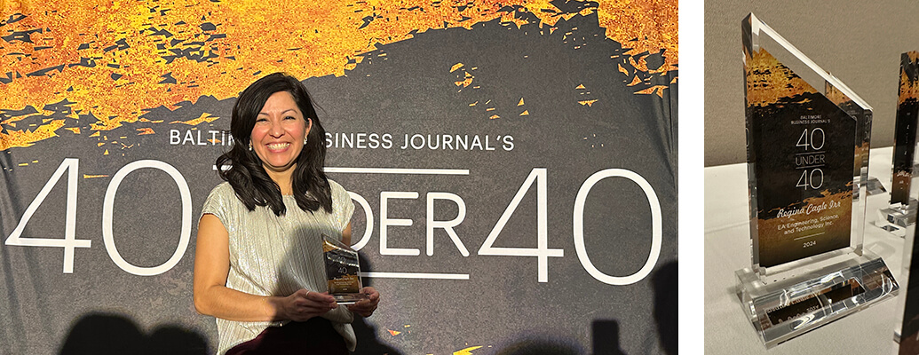 Regina Cagle Irr holding her award in front of a 40 under 40 backdrop accompanied by a close-up of the award