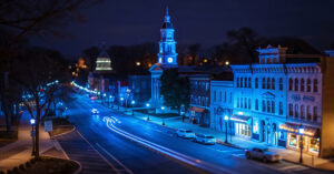 Downtown Westminster Maryland at night bathed in blue tones