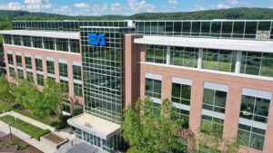 Oblique aerial view of EA headquarters building