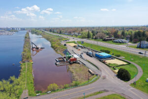 Aerial of sediemnt dredging operations in Pickle Pond.