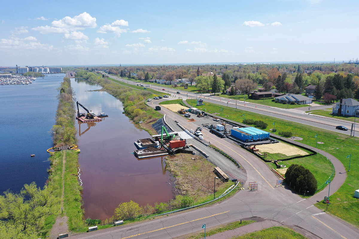 Aerial of sediemnt dredging operations in Pickle Pond.