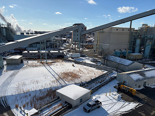 Oblique aerial photo of former coal-fired plant at Bridgeport Harbor Station