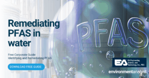 Water Treatment Tanks behind symbolic chemical PFAS bubble with logos from Environment Analyst and EA Engineering, Science, and Technology, Inc., PBC along with the chapter name of Remediating PFAS in Water