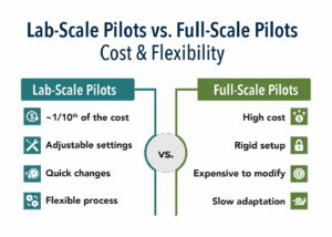 Infographic describing the cost and flexibility of lab-scale versus full-scale pilots. Lab scale pilots are approximately one-tenth the cost, offer adjustment settings and quick changes as well as a flexible process. Full-scale pilots are costly with rigid setups. They are expensive to modify and slow to adapt.