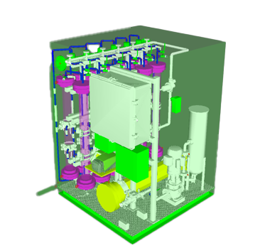 A three-dimensional model of the initial drinking water pilot system design with different components represented by different colors.