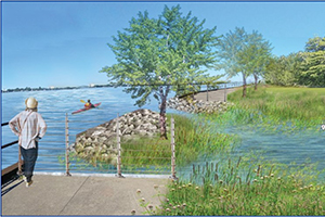 Rendering of a person at a pier overlooking wetland areas and stabilized shoreline along a riverfront