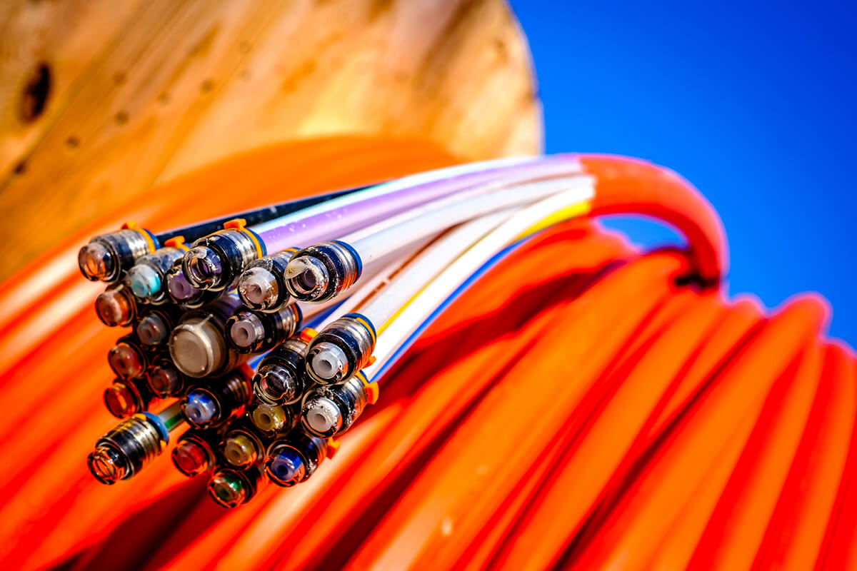 closeup of glass fiber cable on a drum